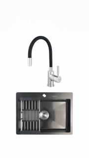 Set Chiuveta de bucatarie 45 60cm.(21adancime) inox cu sifon si scurgator de vase+Baterie Ferro BZA4B
