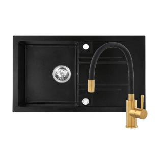 Set chiuveta Ferro granit 78x48 grafite cu baterie flexibila Ferro ZUMBA NEGRU-GOLD