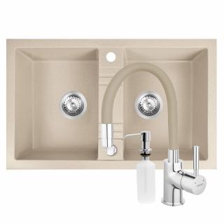 Set chiuveta Ferro granit 78x48 nisip ,2 cuve, cu baterie flexibila Ferro bej+Dozator detergent FERRO