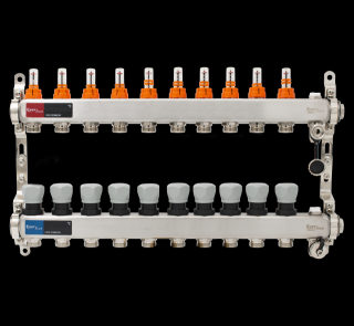 Set distribuitor INOX cu debitmetre, aerisitor manual si robineti de golire 1  - 10 cai