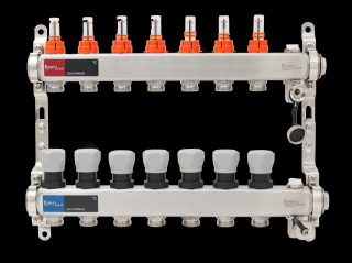 Set distribuitor INOX cu debitmetre, aerisitor manual si robineti de golire 1  - 7 cai