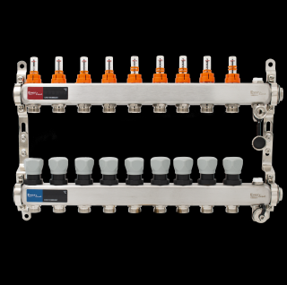 Set distribuitor INOX cu debitmetre, aerisitor manual si robineti de golire 1  - 9 cai