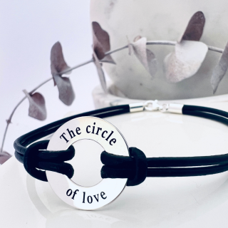 Bratara cu disc argint, snur piele naturala sau textil - The Circle of Love