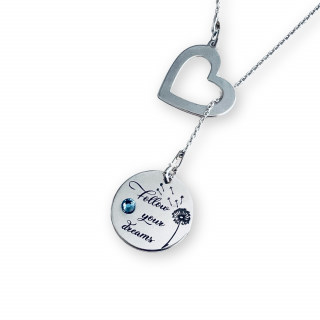 Colier asimetric argint charm inimioara si cristal - Follow your Dreams