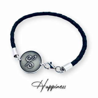 Happiness - Bratara personalizata argint, snur impletit piele simbol