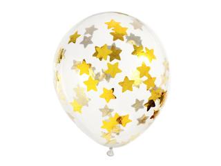 Set 6 Baloane Transparente cu Confetti, Stele, Auriu - 30 cm