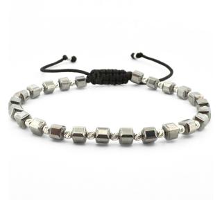 Bratara Argint cu snur, Hematit Gri Cuburi si Bilute Striate 2.5 mm, Unisex