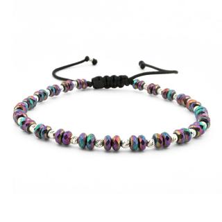 Bratara Argint Dama cu snur, Hematit Discuri Fatetate Multicolor si Bilute Striate 2.5 mm