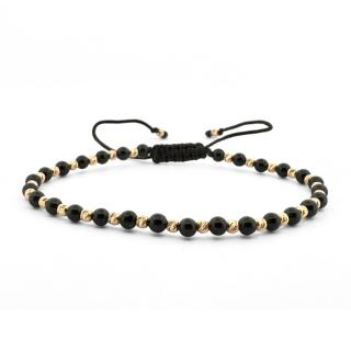 Bratara cu Bilute de Aur 14K si Pietre Onix 3 mm, snur Reglabil