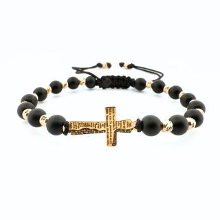 Bratara cu Cruciulita Gravata Tatal Nostru si Bile de Aur 14K, Onix 4 mm si snur Reglabil