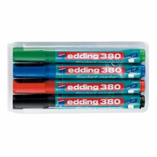 Marker Edding 380 pentru flipchart, varf rotund, 1.5-3 mm, 4 culori set (negru, albastru, rosu, verde)