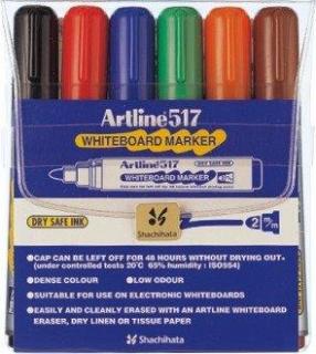 Marker pentru tabla de scris ARTLINE 517 - Dry safe ink, varf rotund 2.0mm, 6 culori set