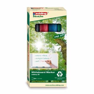 Marker pentru tabla Edding 28, ecologic, varf rotund, 1.5-3 mm, 4 culori set (negru, rosu, albastru, verde)