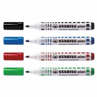 Marker pentru tabla Stabilo Plan 64, varf rotund, 2.5-3.5mm, 4 bucati set ( negru, rosu, albastru, verde)