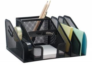 Organizer metalic Mesh, de birou, 6 compartimente+ suport banda adeziva, Q-Connect - negru