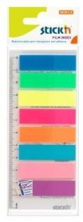 Stick index plastic transp. color 45 x 12 mm, 8 x 25 file set + rigla, Stick  n - 8 culori neon