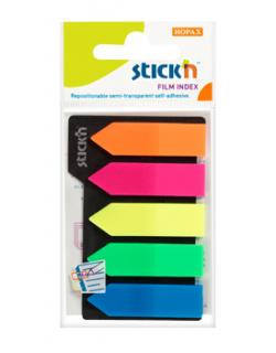 Stick index plastic transparent color 42 x 12 mm, 5 x 25 file set, Stick  n - 5 culori neon - sageata