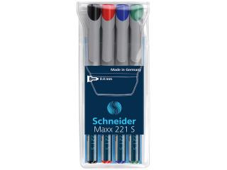 Universal non-permanent marker SCHNEIDER Maxx 221 S, varf 0.4mm, 4 culori set - (N, R, A, V)