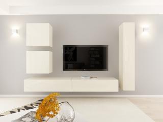 Living QUADRO 18 MDF Crem Lucios   Set Mobilier Modular Suspendat Premium Configurabil pentru un Living Modern Fara Manere Push to Open