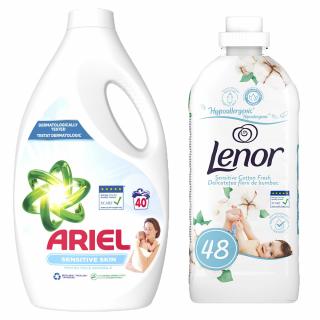 Pachet promo Ariel Detergent lichid, 2 L, 40 spalari, Sensitive Skin + Lenor Balsam de rufe 1.2 L, 48 spalari, Sensitive Cotton Fresh