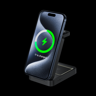 iSEN W91, Suport de incarcare wireless magnetic 3 in 1 pliabil, Negru, Incarcator casti 5W, Incarcator ceas 2.5W, Incarcator telefon 15W, Sistem de racire