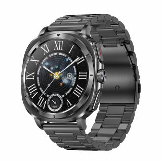 Smartwatch iSEN ET492, Curea de otel negru, 1.43   AMOLED HD, HRV, ECG, Monitorizare sanatate, Functii sport, Bluetooth Call, 380 mAh, Android 5.0 or iOS 10.0 sau mai recent, NFC pentru lacate