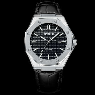 BinBond Ceas barbatesc Quartz Elegant Piele Argintiu Negru