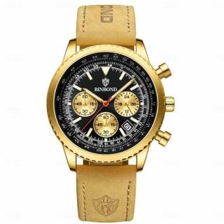 BinBond Ceas barbatesc Quartz Fashion Analog Elegant Piele Maro Auriu Negru