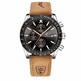 Ceas barbatesc de mana Poedagar Analog Quartz Cronograf Piele naturala Maro Negru