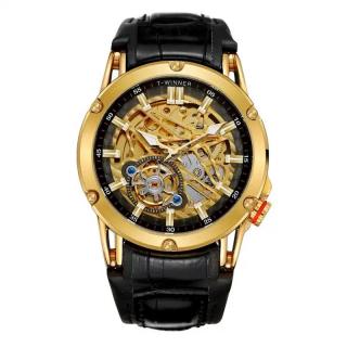 Ceas barbatesc de mana, T-winner, Clasic, Mecanism Mecanic Automatic, Skeleton, Piele, Negru Auriu