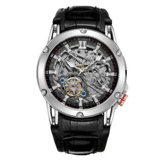 Ceas barbatesc de mana, T-winner, Mecanism Mecanic Automatic, Skeleton, Piele, Negru Argintiu