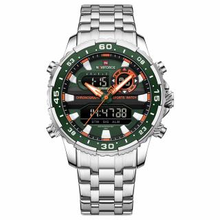 Ceas barbatesc Naviforce Dual Alarma Time Data Luxury Militar Otel Argintiu Verde