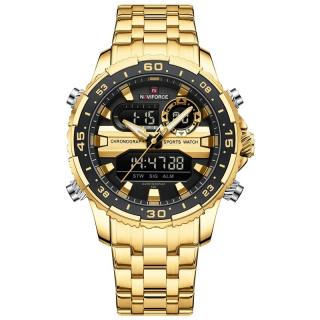 Ceas barbatesc Naviforce Quartz Dual Time Luxury Militar Otel Auriu