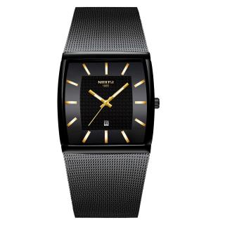 Ceas barbatesc Nibosi Quartz Analog Data Bratara tip plasa Negru Auriu Elegant