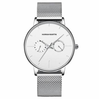 Ceas de mana barbatesc Hannah Martin Elegant Casual Fashion Quartz Analog Cronograf Argintiu