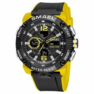 Ceas de mana barbatesc Smael Dual Time Sport Alarma Quartz Cronometru Lumina de fundal Negru Galben