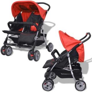 Carucior Dublu pentru Copii, Pliabil, Spatar Reglabil, Roti 360    ,       Rosu  Negru