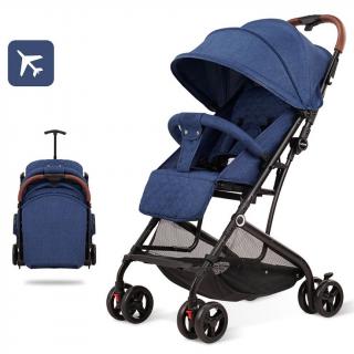 Carucior sport cu pliere compacta tip troler pentru avion, albastru