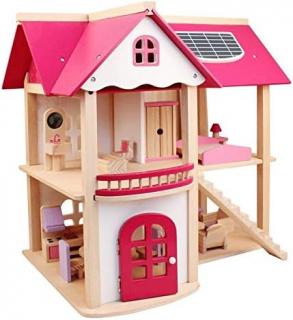 Casuta din Lemn Papusi cu Accesorii Pink House