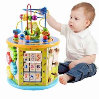 Centru de Activitati din Lemn   Frog   - Cub Educational 8 in 1 pentru Copii