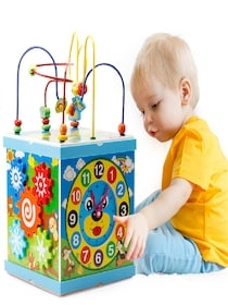 Cub Multifunctional  Albastru din Lemn cu Joc Magnetic Montessori