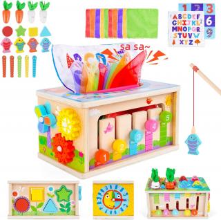 Cutie de Servetele Montessori 6 in 1 - Cub de Activitati Senzoriale din Lemn pentru Copii