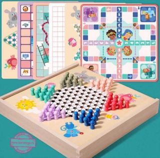 Joc din Lemn Educational Dame  - Joc din Lemn puzzle 7 in 1 Ludo Chess