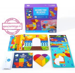 Joc din Lemn Tangram Geometric Blocks cu Planse