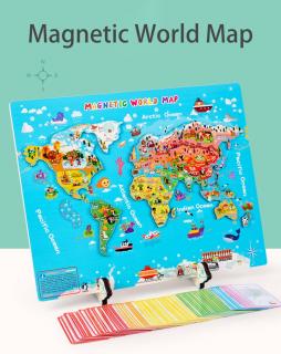Joc Magnetic Jigsaw Puzzle Harta Lumi din Lemn cu Carduri Educative