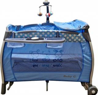 Patut pliabil Baby Care Albastru ,       2 Nivele, Balansoar, Muzica, Carusel, Plasa insecte, Masa infasat