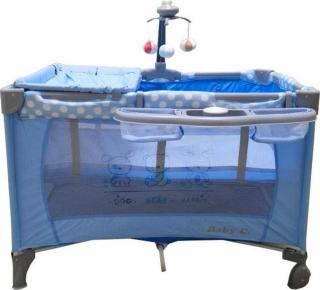 Patut Pliabil Copii Baby Care Albastru ,       2 Nivele, Melodii, Masa Infasat, Carusel Jucarii, Plasa Insecte