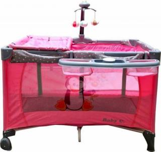 Patut Pliabil Copii Baby Care Roz ,       2 Nivele, Melodii, Masa Infasat, Carusel Jucarii, Plasa Insecte