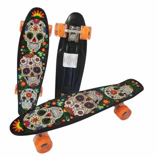 Penny Board cu roti de silicon si lumini cu print grafic Cranii si flori