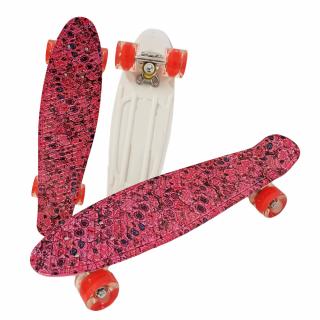 Penny Board cu roti de silicon si lumini integrate, rosu cu imprimeu cu cranii